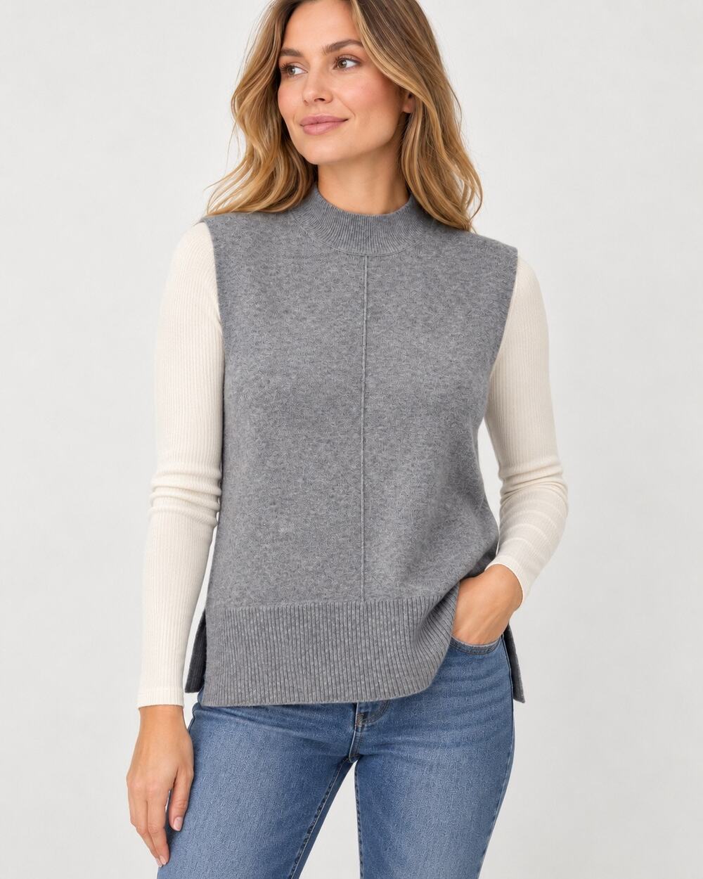 Three Dots Kate Mock Neck Sleeveless Knit Top Gray Women's Large Side Slit